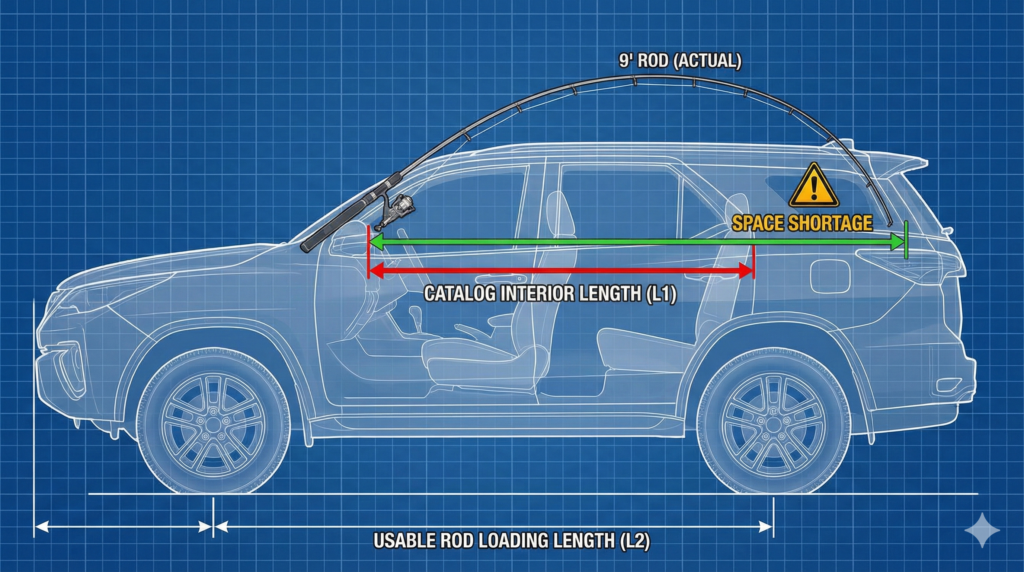 釣り竿 9フィート 車内積載 対角線