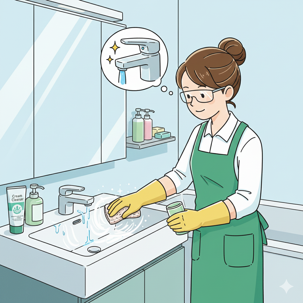 洗面台の白い水垢こびりつきをクリームクレンザーで撃退